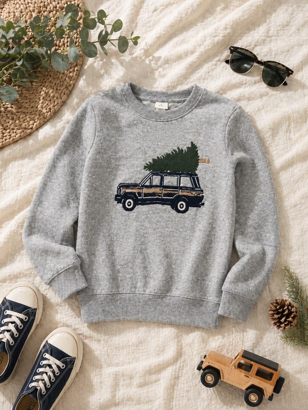 Crewcuts Boys Knit Sweater Gray Jeep Festive Christmas Tree Graphic Size M (8-9)